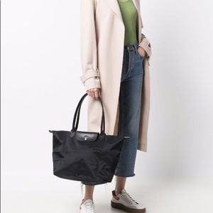 LONGCHAMP Le Pliage Large Shoulder Bag, Black Nylon with Black Leather